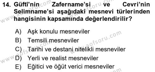 XVII. Yüzyıl Türk Edebiyatı Dersi 2018 - 2019 Yılı (Final) Dönem Sonu Sınavı 14. Soru