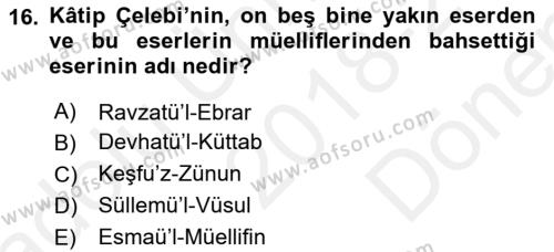 XVII. Yüzyıl Türk Edebiyatı Dersi 2018 - 2019 Yılı (Final) Dönem Sonu Sınavı 16. Soru