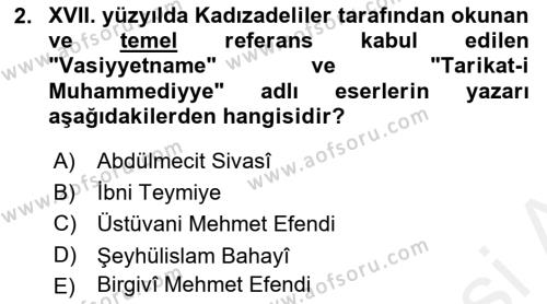 XVII. Yüzyıl Türk Edebiyatı Dersi 2018 - 2019 Yılı (Final) Dönem Sonu Sınavı 2. Soru