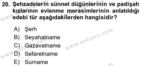 XVII. Yüzyıl Türk Edebiyatı Dersi 2018 - 2019 Yılı (Final) Dönem Sonu Sınavı 20. Soru