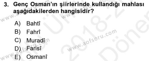 XVII. Yüzyıl Türk Edebiyatı Dersi 2018 - 2019 Yılı (Final) Dönem Sonu Sınavı 3. Soru