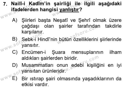 XVII. Yüzyıl Türk Edebiyatı Dersi 2018 - 2019 Yılı (Final) Dönem Sonu Sınavı 7. Soru