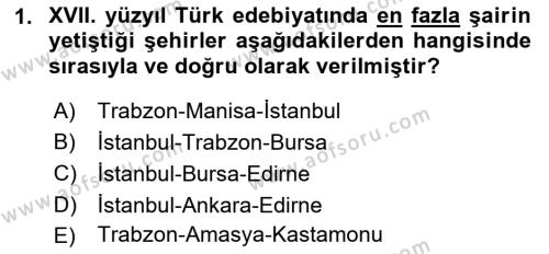 XVII. Yüzyıl Türk Edebiyatı Dersi 2018 - 2019 Yılı Yaz Okulu Sınavı 1. Soru