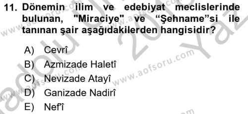 XVII. Yüzyıl Türk Edebiyatı Dersi 2018 - 2019 Yılı Yaz Okulu Sınavı 11. Soru