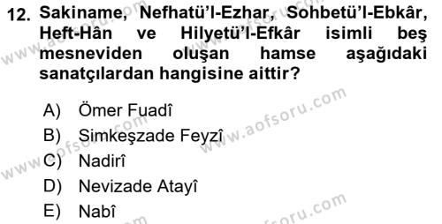 XVII. Yüzyıl Türk Edebiyatı Dersi 2018 - 2019 Yılı Yaz Okulu Sınavı 12. Soru