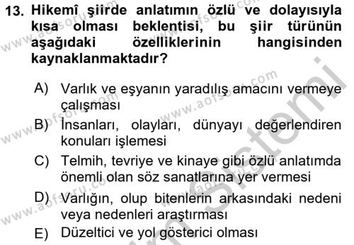 XVII. Yüzyıl Türk Edebiyatı Dersi 2018 - 2019 Yılı Yaz Okulu Sınavı 13. Soru