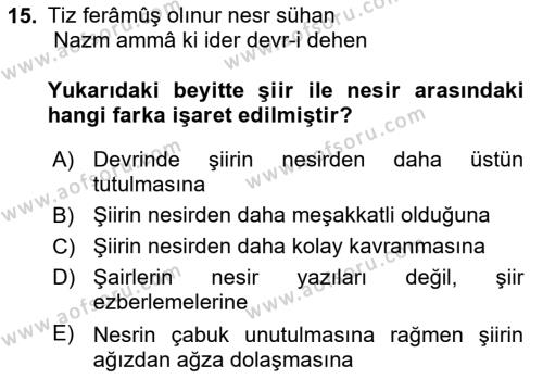 XVII. Yüzyıl Türk Edebiyatı Dersi 2018 - 2019 Yılı Yaz Okulu Sınavı 15. Soru