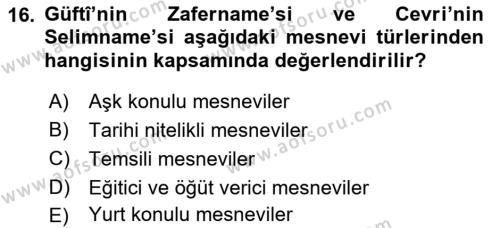 XVII. Yüzyıl Türk Edebiyatı Dersi 2018 - 2019 Yılı Yaz Okulu Sınavı 16. Soru