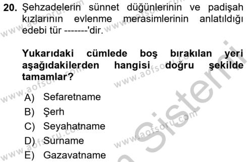 XVII. Yüzyıl Türk Edebiyatı Dersi 2018 - 2019 Yılı Yaz Okulu Sınavı 20. Soru