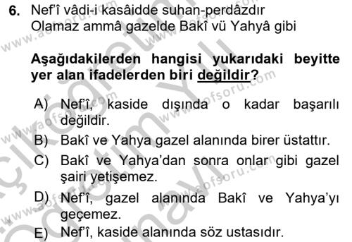 XVII. Yüzyıl Türk Edebiyatı Dersi 2018 - 2019 Yılı Yaz Okulu Sınavı 6. Soru