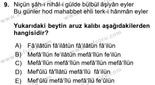 XVII. Yüzyıl Türk Edebiyatı Dersi 2018 - 2019 Yılı Yaz Okulu Sınavı 9. Soru