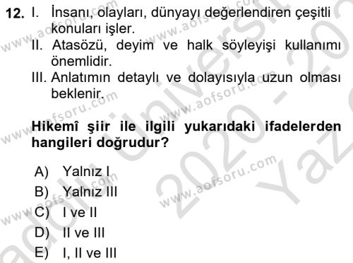 XVII. Yüzyıl Türk Edebiyatı Dersi 2020 - 2021 Yılı Yaz Okulu Sınavı 12. Soru