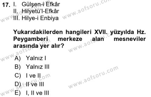 XVII. Yüzyıl Türk Edebiyatı Dersi 2020 - 2021 Yılı Yaz Okulu Sınavı 17. Soru