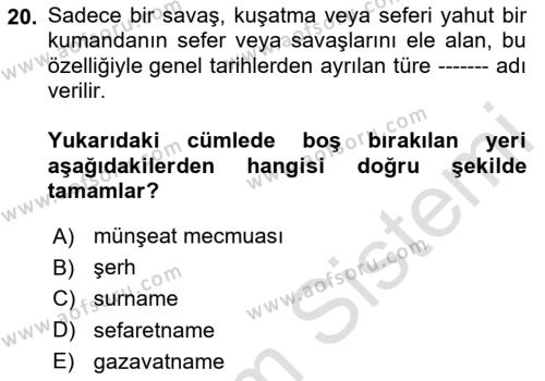XVII. Yüzyıl Türk Edebiyatı Dersi 2020 - 2021 Yılı Yaz Okulu Sınavı 20. Soru