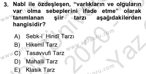 XVII. Yüzyıl Türk Edebiyatı Dersi 2020 - 2021 Yılı Yaz Okulu Sınavı 3. Soru