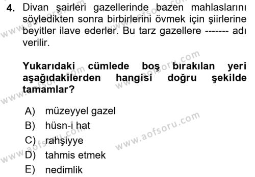 XVII. Yüzyıl Türk Edebiyatı Dersi 2020 - 2021 Yılı Yaz Okulu Sınavı 4. Soru