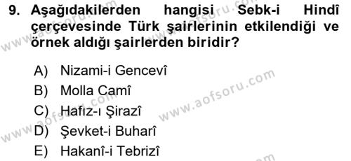 XVII. Yüzyıl Türk Edebiyatı Dersi 2020 - 2021 Yılı Yaz Okulu Sınavı 9. Soru