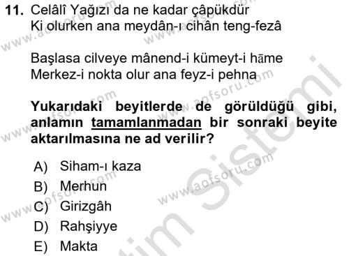 XVII. Yüzyıl Türk Edebiyatı Dersi 2021 - 2022 Yılı (Vize) Ara Sınavı 11. Soru