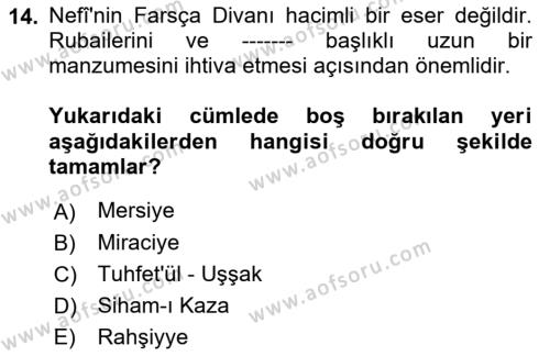 XVII. Yüzyıl Türk Edebiyatı Dersi 2021 - 2022 Yılı (Vize) Ara Sınavı 14. Soru