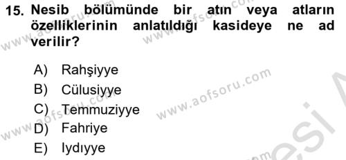 XVII. Yüzyıl Türk Edebiyatı Dersi 2021 - 2022 Yılı (Vize) Ara Sınavı 15. Soru