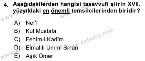 XVII. Yüzyıl Türk Edebiyatı Dersi 2021 - 2022 Yılı (Vize) Ara Sınavı 4. Soru