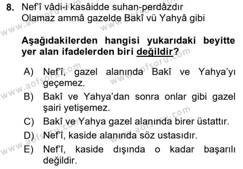 XVII. Yüzyıl Türk Edebiyatı Dersi 2021 - 2022 Yılı (Vize) Ara Sınavı 8. Soru