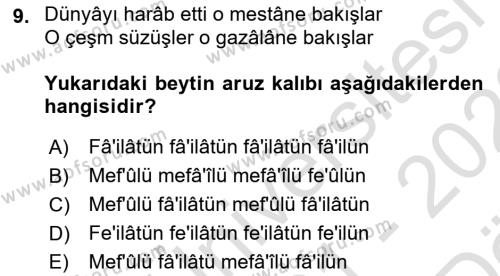 XVII. Yüzyıl Türk Edebiyatı Dersi 2021 - 2022 Yılı (Vize) Ara Sınavı 9. Soru