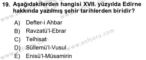 XVII. Yüzyıl Türk Edebiyatı Dersi 2021 - 2022 Yılı (Final) Dönem Sonu Sınavı 19. Soru