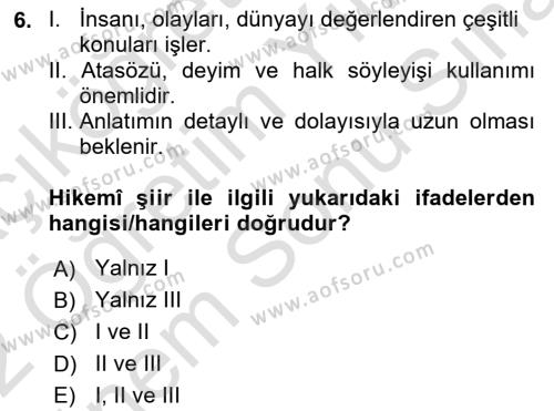 XVII. Yüzyıl Türk Edebiyatı Dersi 2021 - 2022 Yılı (Final) Dönem Sonu Sınavı 6. Soru