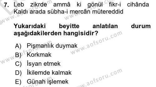 XVII. Yüzyıl Türk Edebiyatı Dersi 2021 - 2022 Yılı (Final) Dönem Sonu Sınavı 7. Soru