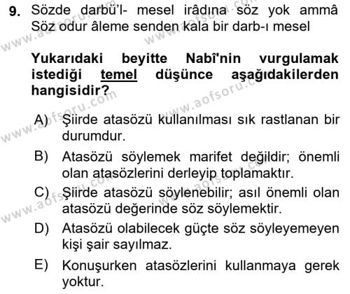 XVII. Yüzyıl Türk Edebiyatı Dersi 2021 - 2022 Yılı (Final) Dönem Sonu Sınavı 9. Soru