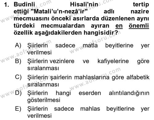 XVII. Yüzyıl Türk Edebiyatı Dersi 2021 - 2022 Yılı Yaz Okulu Sınavı 1. Soru