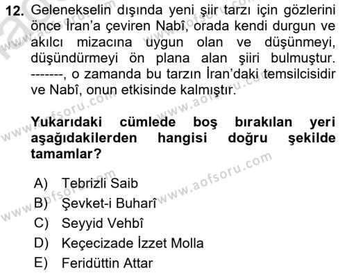 XVII. Yüzyıl Türk Edebiyatı Dersi 2021 - 2022 Yılı Yaz Okulu Sınavı 12. Soru