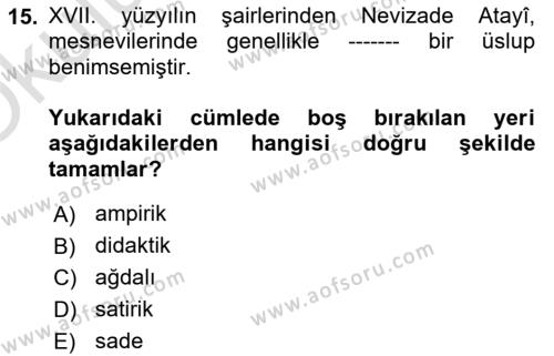 XVII. Yüzyıl Türk Edebiyatı Dersi 2021 - 2022 Yılı Yaz Okulu Sınavı 15. Soru