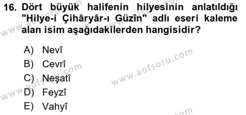 XVII. Yüzyıl Türk Edebiyatı Dersi 2021 - 2022 Yılı Yaz Okulu Sınavı 16. Soru