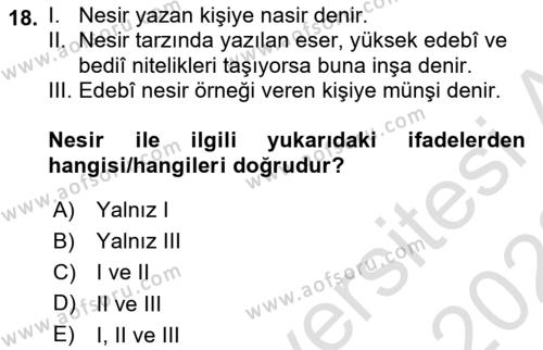 XVII. Yüzyıl Türk Edebiyatı Dersi 2021 - 2022 Yılı Yaz Okulu Sınavı 18. Soru