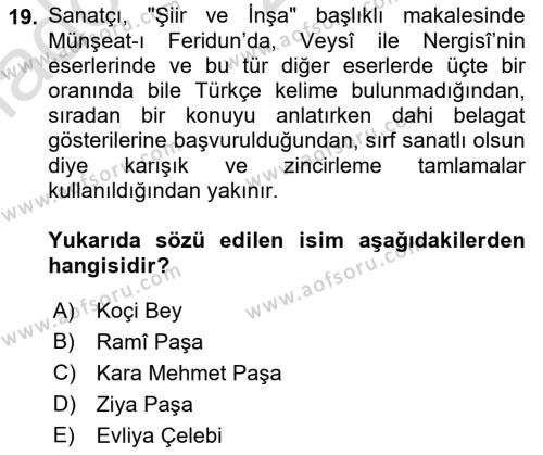 XVII. Yüzyıl Türk Edebiyatı Dersi 2021 - 2022 Yılı Yaz Okulu Sınavı 19. Soru