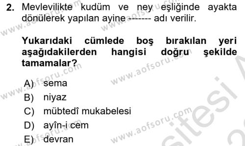 XVII. Yüzyıl Türk Edebiyatı Dersi 2021 - 2022 Yılı Yaz Okulu Sınavı 2. Soru