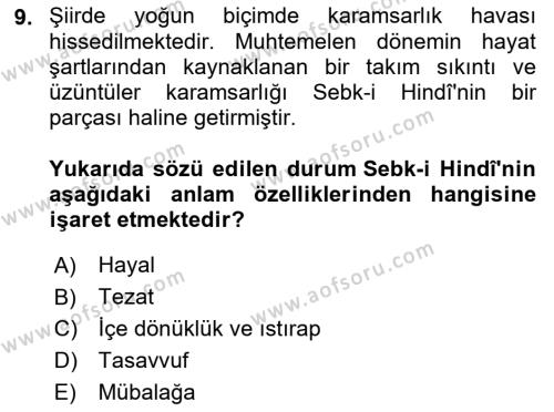 XVII. Yüzyıl Türk Edebiyatı Dersi 2021 - 2022 Yılı Yaz Okulu Sınavı 9. Soru