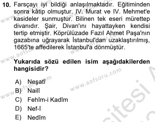 XVII. Yüzyıl Türk Edebiyatı Dersi 2022 - 2023 Yılı Yaz Okulu Sınavı 10. Soru