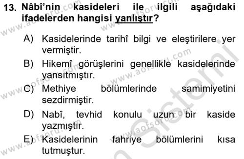 XVII. Yüzyıl Türk Edebiyatı Dersi 2022 - 2023 Yılı Yaz Okulu Sınavı 13. Soru