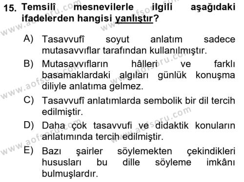 XVII. Yüzyıl Türk Edebiyatı Dersi 2022 - 2023 Yılı Yaz Okulu Sınavı 15. Soru