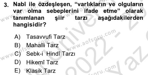 XVII. Yüzyıl Türk Edebiyatı Dersi 2022 - 2023 Yılı Yaz Okulu Sınavı 3. Soru