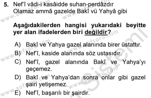 XVII. Yüzyıl Türk Edebiyatı Dersi 2022 - 2023 Yılı Yaz Okulu Sınavı 5. Soru