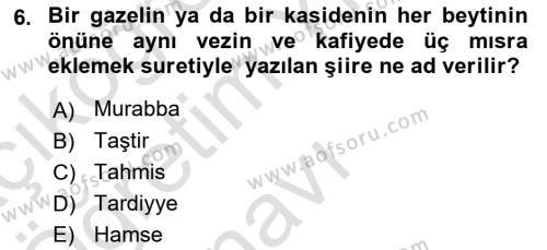 XVII. Yüzyıl Türk Edebiyatı Dersi 2022 - 2023 Yılı Yaz Okulu Sınavı 6. Soru