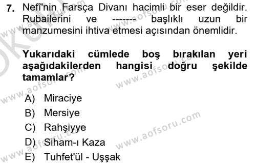 XVII. Yüzyıl Türk Edebiyatı Dersi 2022 - 2023 Yılı Yaz Okulu Sınavı 7. Soru