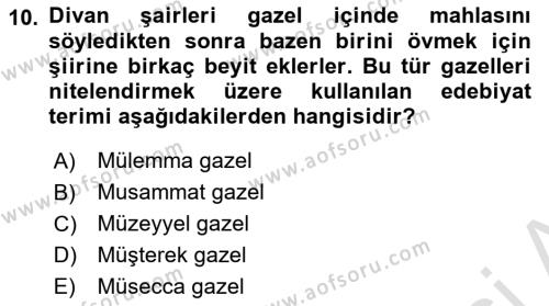 XVII. Yüzyıl Türk Edebiyatı Dersi 2023 - 2024 Yılı (Vize) Ara Sınavı 10. Soru