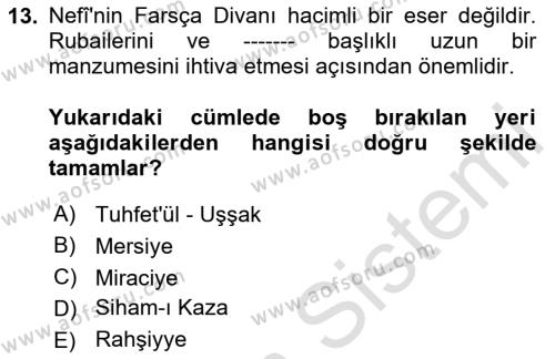 XVII. Yüzyıl Türk Edebiyatı Dersi 2023 - 2024 Yılı (Vize) Ara Sınavı 13. Soru