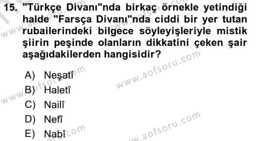 XVII. Yüzyıl Türk Edebiyatı Dersi 2023 - 2024 Yılı (Vize) Ara Sınavı 15. Soru