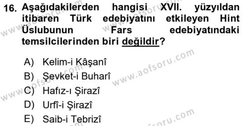 XVII. Yüzyıl Türk Edebiyatı Dersi 2023 - 2024 Yılı (Vize) Ara Sınavı 16. Soru